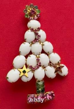 Vintage Christmas Tree Pin Brooch White Milk Glass Gold Stars Pink Rs MCM Htf 23