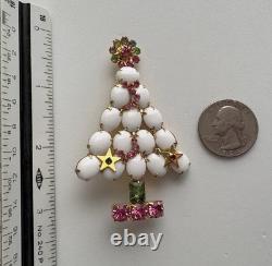 Vintage Christmas Tree Pin Brooch White Milk Glass Gold Stars Pink Rs MCM Htf 23