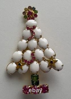 Vintage Christmas Tree Pin Brooch White Milk Glass Gold Stars Pink Rs MCM Htf 23
