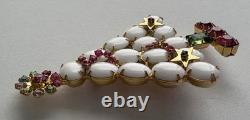 Vintage Christmas Tree Pin Brooch White Milk Glass Gold Stars Pink Rs MCM Htf 23