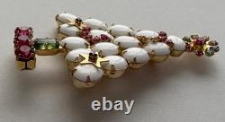 Vintage Christmas Tree Pin Brooch White Milk Glass Gold Stars Pink Rs MCM Htf 23