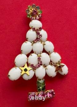 Vintage Christmas Tree Pin Brooch White Milk Glass Gold Stars Pink Rs MCM Htf 23