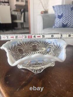 Vintage Clear Glass Hobnail Bowl Candy Dish With Milk Glass Ruffled Edge 7