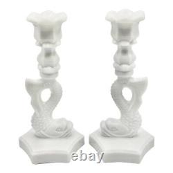 Vintage Coastal White Milk Glass Dolphin Form Candlesticks