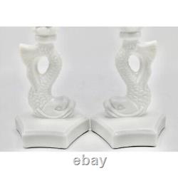 Vintage Coastal White Milk Glass Dolphin Form Candlesticks