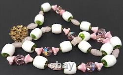 Vintage Czechoslovakia White Milk Glass Pink Crystal Beaded Necklace 22