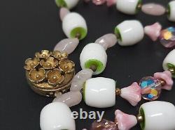 Vintage Czechoslovakia White Milk Glass Pink Crystal Beaded Necklace 22