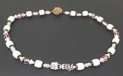 Vintage Czechoslovakia White Milk Glass Pink Crystal Beaded Necklace 22