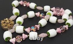 Vintage Czechoslovakia White Milk Glass Pink Crystal Beaded Necklace 22