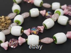 Vintage Czechoslovakia White Milk Glass Pink Crystal Beaded Necklace 22