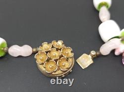Vintage Czechoslovakia White Milk Glass Pink Crystal Beaded Necklace 22