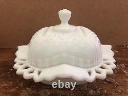 Vintage DAISY & BUTTON Milk Glass Lace Edge Lid Covered Butter Serving Dish