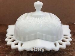 Vintage DAISY & BUTTON Milk Glass Lace Edge Lid Covered Butter Serving Dish