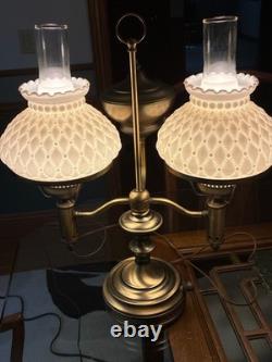 Vintage DOUBLE ARM STUDENT Table Lamp with White Milk Glass Shades