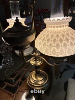 Vintage DOUBLE ARM STUDENT Table Lamp with White Milk Glass Shades