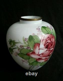 Vintage Deluxe Inc large blown hand painted milk glass vase, artist signed 9.25