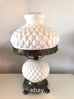 Vintage Diamond Quilted White Milk Glass Hurricane Lamp 11 W x 17.5 H