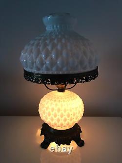 Vintage Diamond Quilted White Milk Glass Hurricane Lamp 11 W x 17.5 H