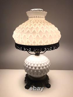 Vintage Diamond Quilted White Milk Glass Hurricane Lamp 11 W x 17.5 H