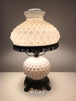 Vintage Diamond Quilted White Milk Glass Hurricane Lamp 11 W x 17.5 H