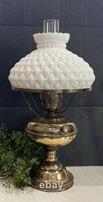 Vintage Diamond Quilted White Milk Glass Hurricane Lamp 20 In Brass Tested Works