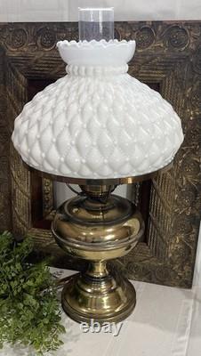 Vintage Diamond Quilted White Milk Glass Hurricane Lamp 20 In Brass Tested Works