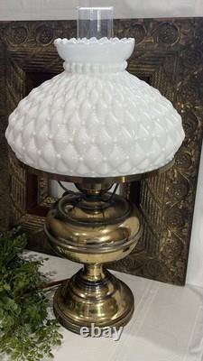 Vintage Diamond Quilted White Milk Glass Hurricane Lamp 20 In Brass Tested Works