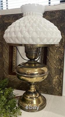 Vintage Diamond Quilted White Milk Glass Hurricane Lamp 20 In Brass Tested Works