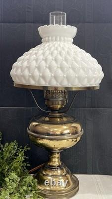 Vintage Diamond Quilted White Milk Glass Hurricane Lamp 20 In Brass Tested Works