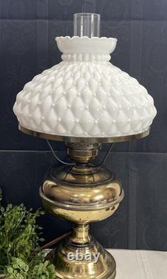 Vintage Diamond Quilted White Milk Glass Hurricane Lamp 20 In Brass Tested Works