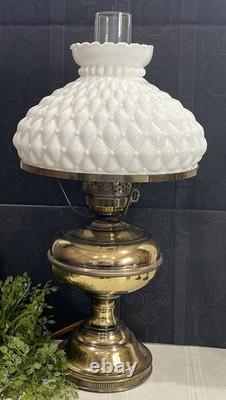 Vintage Diamond Quilted White Milk Glass Hurricane Lamp 20 In Brass Tested Works
