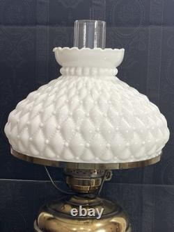 Vintage Diamond Quilted White Milk Glass Hurricane Lamp 20 In Brass Tested Works