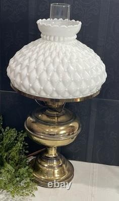 Vintage Diamond Quilted White Milk Glass Hurricane Lamp 20 In Brass Tested Works
