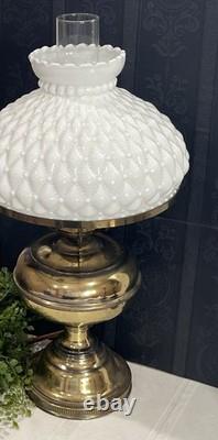 Vintage Diamond Quilted White Milk Glass Hurricane Lamp 20 In Brass Tested Works