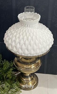 Vintage Diamond Quilted White Milk Glass Hurricane Lamp 20 In Brass Tested Works