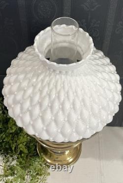Vintage Diamond Quilted White Milk Glass Hurricane Lamp 20 In Brass Tested Works