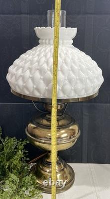 Vintage Diamond Quilted White Milk Glass Hurricane Lamp 20 In Brass Tested Works
