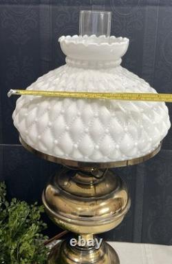 Vintage Diamond Quilted White Milk Glass Hurricane Lamp 20 In Brass Tested Works