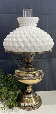 Vintage Diamond Quilted White Milk Glass Hurricane Lamp 20 In Brass Tested Works