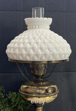 Vintage Diamond Quilted White Milk Glass Hurricane Lamp 20 In Brass Tested Works