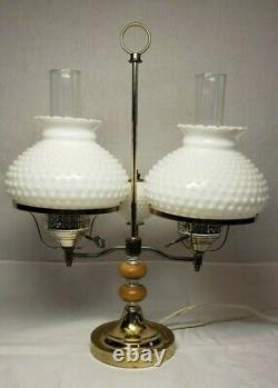 Vintage Double Arm Hobnail Shades White Milk Glass Student Desk Table Lamp