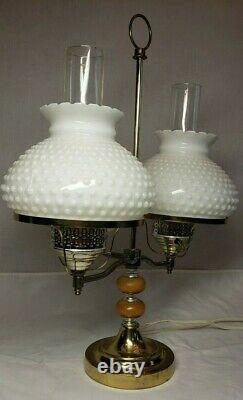 Vintage Double Arm Hobnail Shades White Milk Glass Student Desk Table Lamp