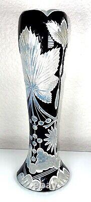 Vintage Double Dipped Black Over Milk Glass Cut To Clear Art Nuveau 12.25 Vase