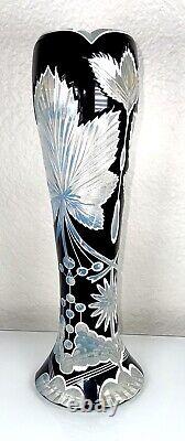 Vintage Double Dipped Black Over Milk Glass Cut To Clear Art Nuveau 12.25 Vase