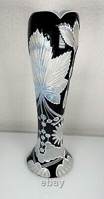 Vintage Double Dipped Black Over Milk Glass Cut To Clear Art Nuveau 12.25 Vase