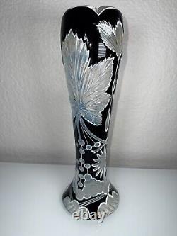 Vintage Double Dipped Black Over Milk Glass Cut To Clear Art Nuveau 12.25 Vase