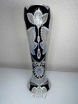 Vintage Double Dipped Black Over Milk Glass Cut To Clear Art Nuveau 12.25 Vase