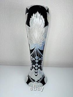 Vintage Double Dipped Black Over Milk Glass Cut To Clear Art Nuveau 12.25 Vase