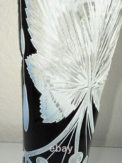 Vintage Double Dipped Black Over Milk Glass Cut To Clear Art Nuveau 12.25 Vase