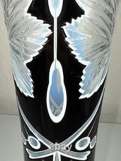 Vintage Double Dipped Black Over Milk Glass Cut To Clear Art Nuveau 12.25 Vase